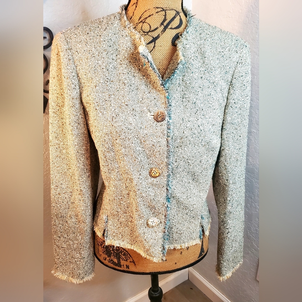 Jones New York Women's Raw SilkBlazer - Cream and Teal
